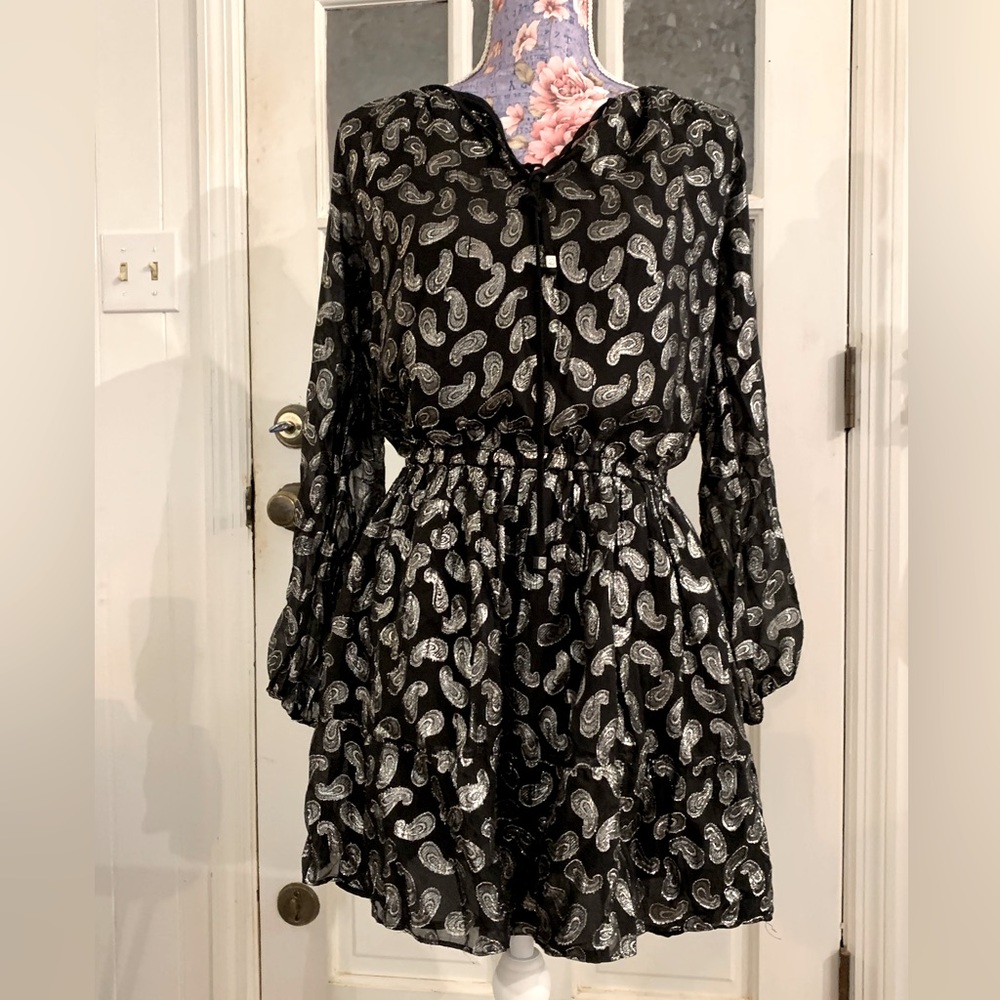 MICHAEL KORS Sz S Black and silver paisley party dress